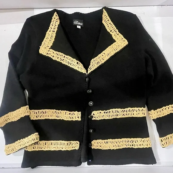 Vintage Black & gold crochet cardigan sweater 3/4 sleeves metallic unique button - Picture 7 of 9